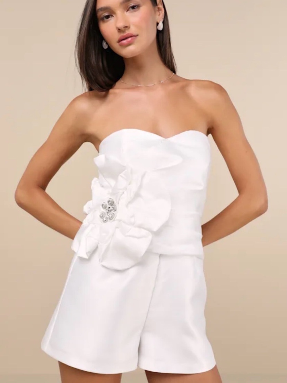 Lulu's Feeling Incredible White Taffeta Applique Strapless Romper